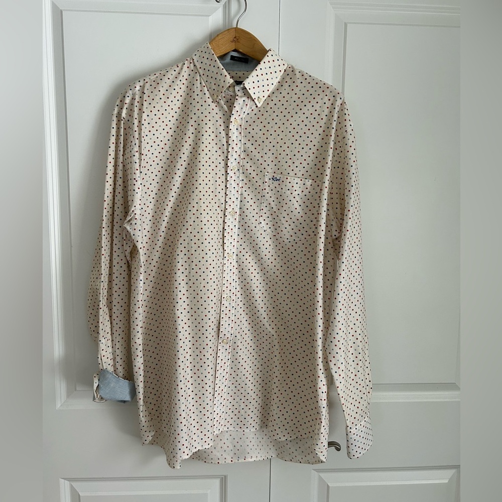 Paul & Shark Yachting white textured cotton dress shirt with blue and red dots